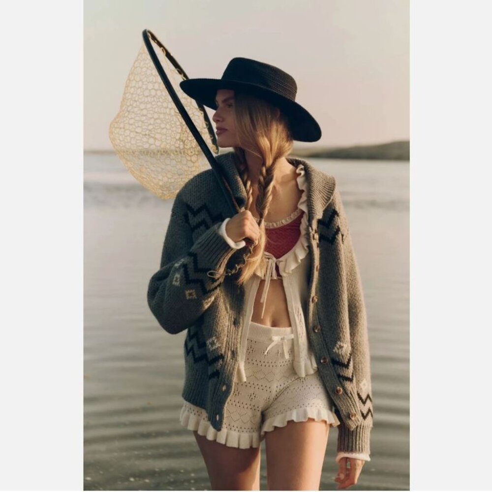 NWT Anthropologie LyreBird Pointelle Ruffle Knit Shorts Ivory Size S